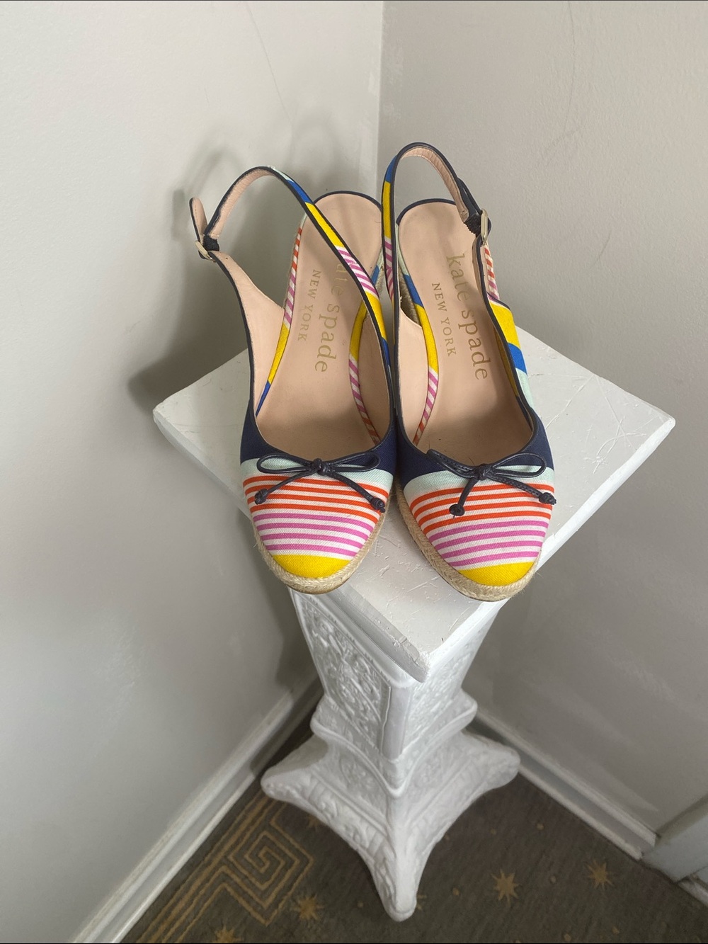 kate spade Multicolor Striped Navy Trim Slingback Espadrille Wedges